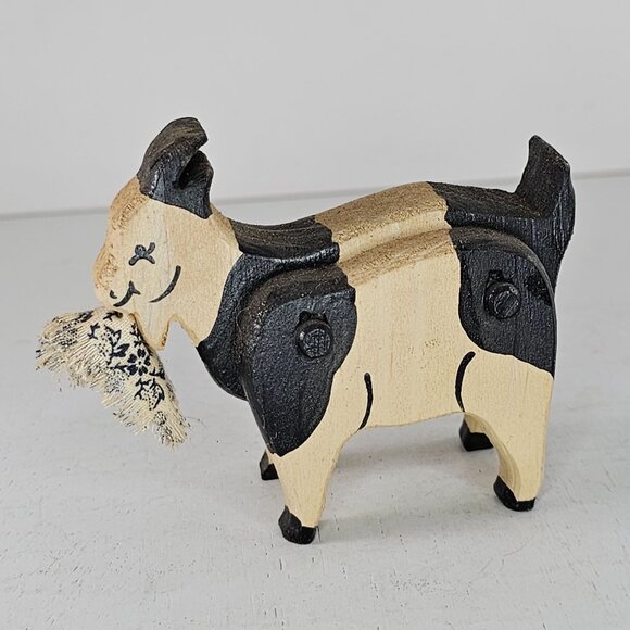 Handcrafted Wooden Goat Figurine Eating Clothes Signed 1991 - Picture 3 of 8